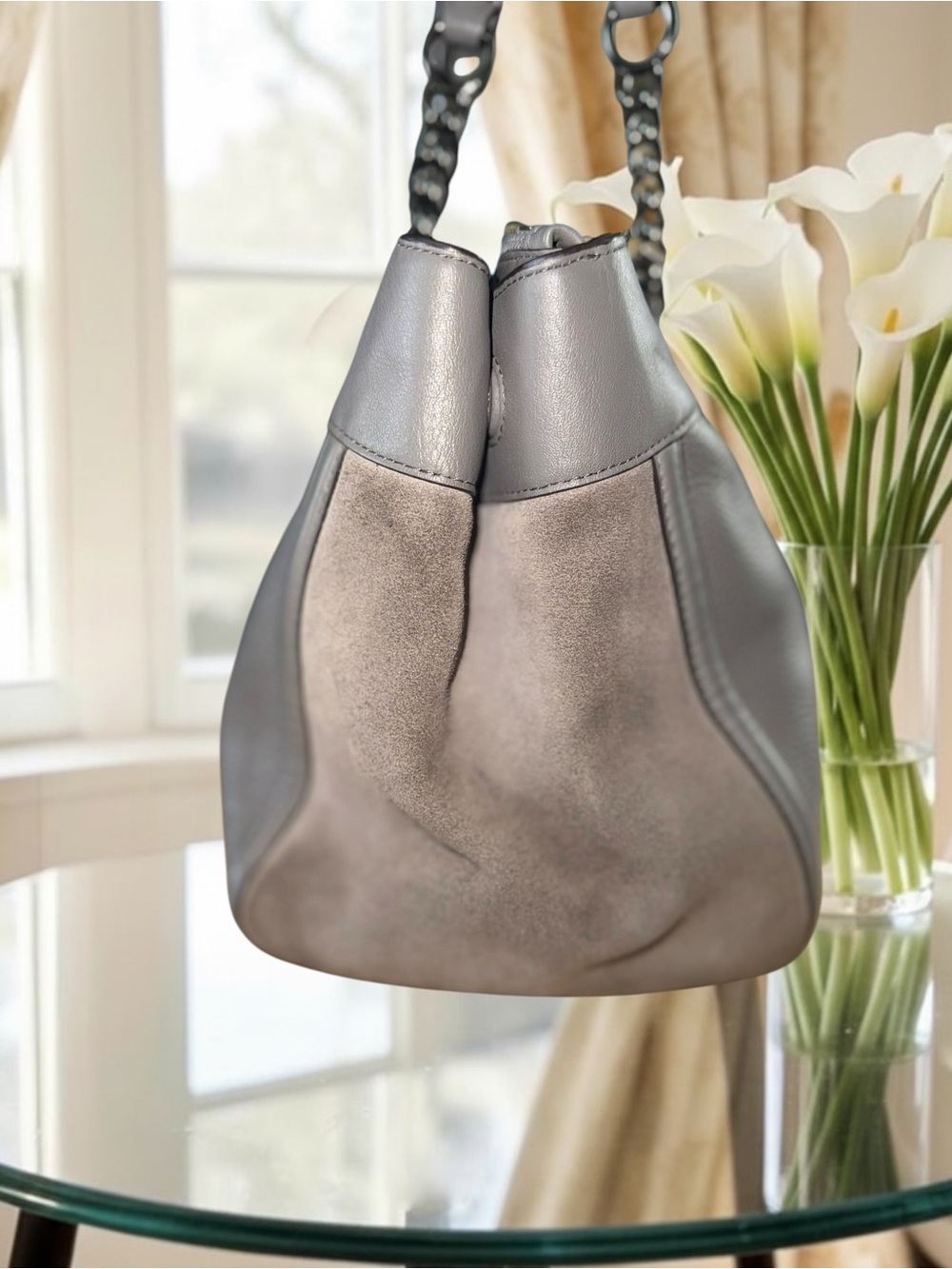 Coach Eddie Grey Pebbled Leather w. Suede Panels Turnlock Shoulder Bag - Picture 4 of 12